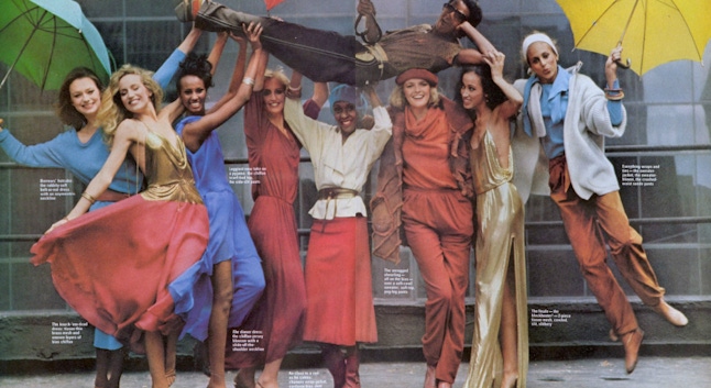 Vogue September 1977 with Jerry Hall, Iman, Pat Cleveland, and other models holding Stephen Burrows