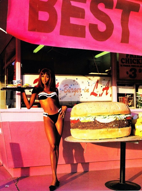 Naomi on her way to a glossy cupid's bow in Vogue (1991), by Ellen von Unwerth.